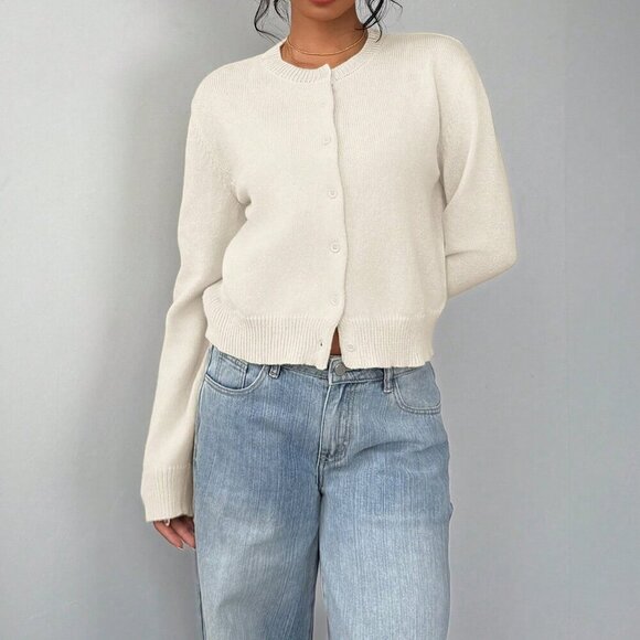 Beige Casual Women's Round Neck Long Sleeve Loose Cropped Sweater Cardigan - Picture 3 of 6